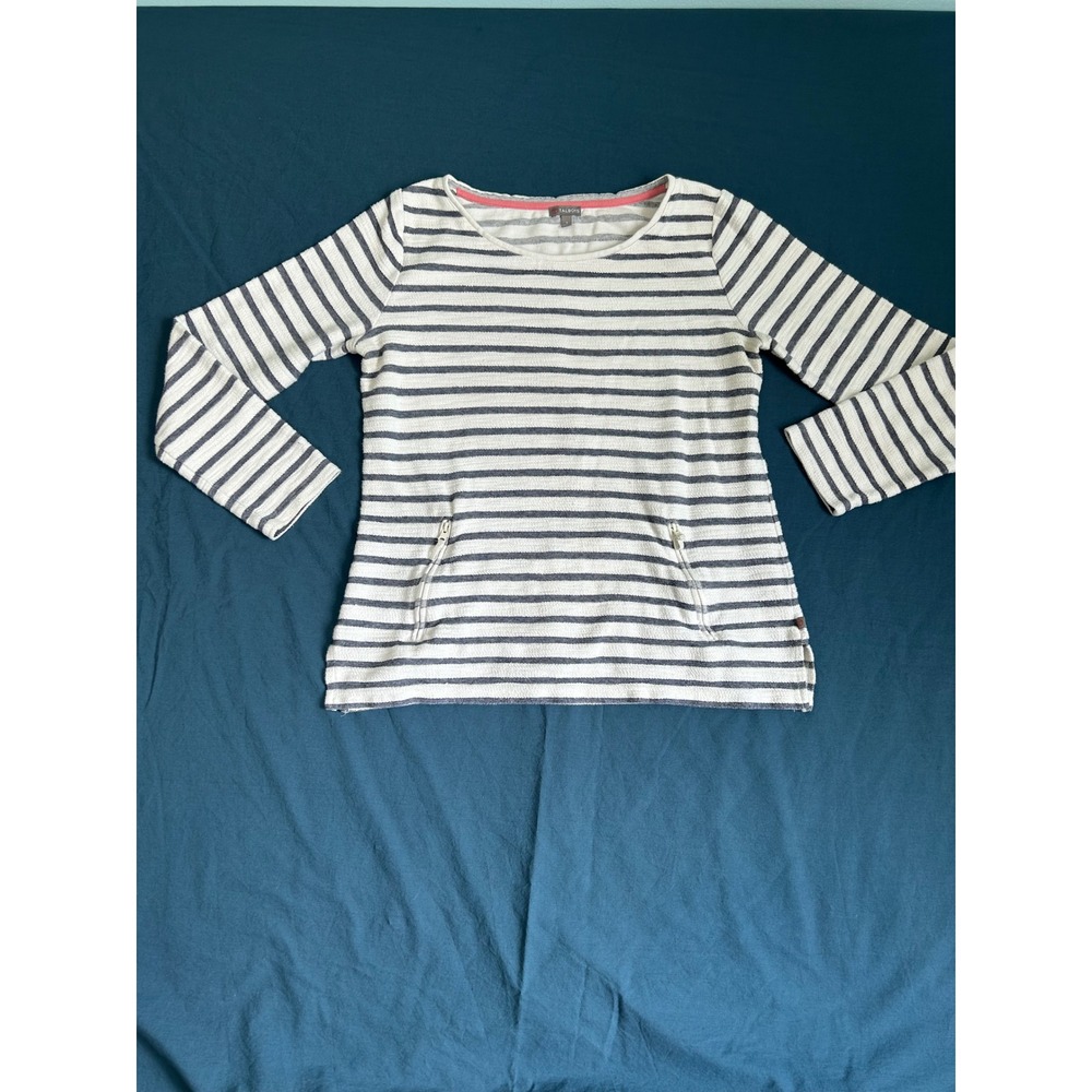 Talbots Womens Grey White Striped French Terry Top Zipper Pockets Small